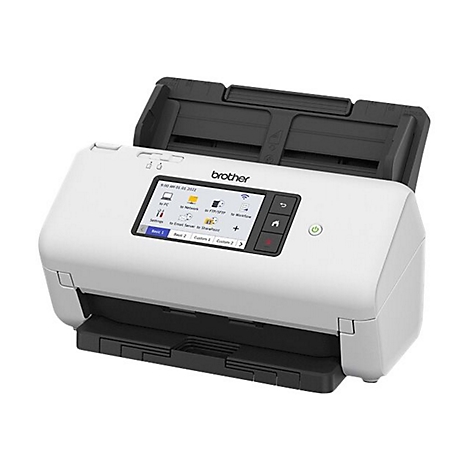 Weißer Brother Dokumentenscanner mit Touchscreen-Display und ausklappbarem Papiereinzug auf weißem Hintergrund.