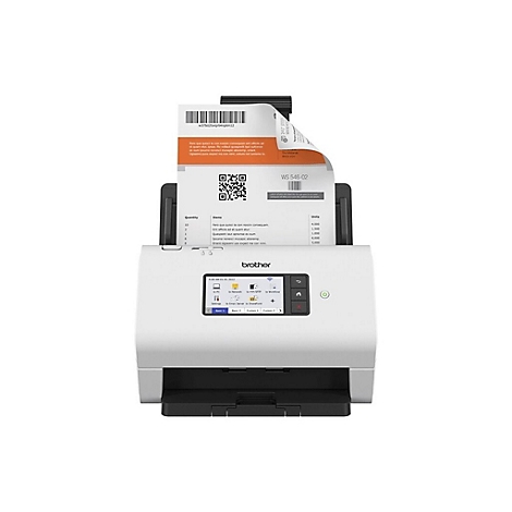 Weißer Brother-Scanner, der einen Beleg einzieht. Auf dem Display sind Optionen und Uhrzeit sichtbar.