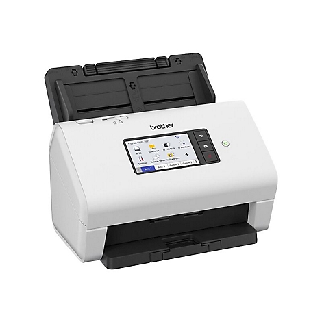 Weißer Brother-Scanner mit geöffnetem Deckel. Auf dem Touchscreen sind Optionen und Uhrzeit sichtbar.