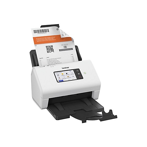 Scanner blanc avec du papier inséré. Diverses fonctions sont affichées à l'écran. Le logo Brother est clairement visible.