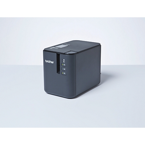 Donkergrijze labelprinter. Knoppen en het Brother-logo staan op de voorkant.
