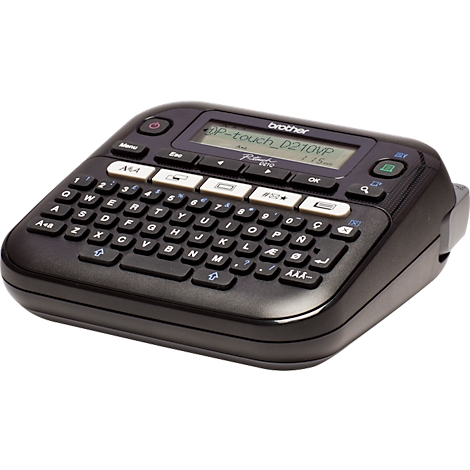 Schwarzes Brother P-touch Beschriftungsgerät mit Display, Tastatur und Beschriftung. Oben links: Ein-Aus-Taste, Display mit Schriftzug.