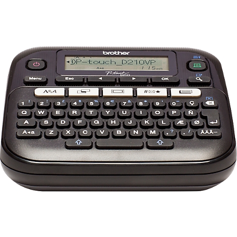 Schwarzes Beschriftungsgerät von Brother, mit Tasten und Display.