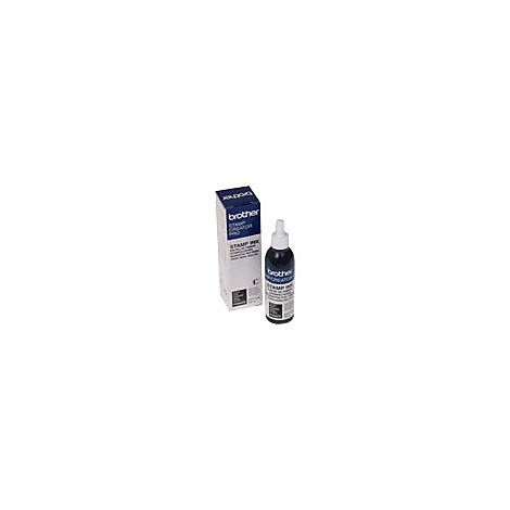 Brother Stamp Creator Pro Stempeltinte in einer Flasche neben der blauen Verpackung.