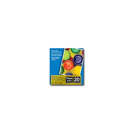 Produktverpackung von Premium Plus Fotopapier mit 20 Blatt im Format 10x15 cm.