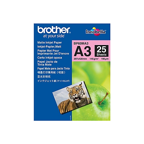 Brother Inkjet-Papier matt im A3-Format mit 25 Blatt. Packung zeigt Tiger-Foto vor grünem Apfelhintergrund.