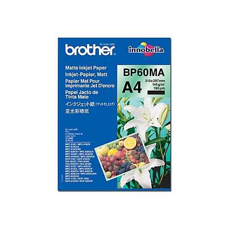Brother BP60MA mattes A4-Tintenstrahlpapier in blauer Verpackung mit Abbildung weißer Lilien und einer Fruchtschale.