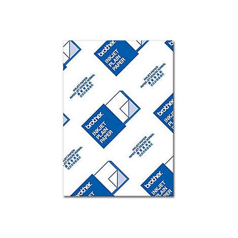 Weiße Papierverpackung mit blauem Brother-Logo und Aufschrift Inkjet Plain Paper in mehrsprachigem Design.