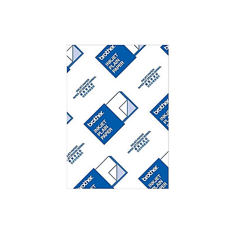 Weiße Verpackung mit blauem Brother-Logo und Aufschrift Inkjet Plain Paper in mehrsprachigem Text.