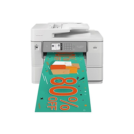 Ein weißer Brother-Multifunktionsdrucker druckt ein türkis-farbenes Plakat mit der Aufschrift 80% OFF.