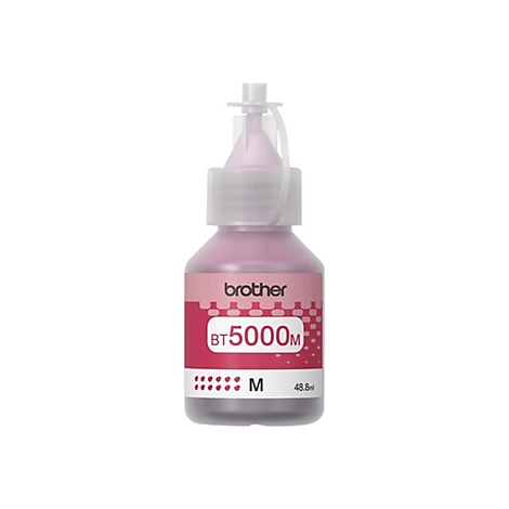 Eine rosa Brother BT5000M Tintennachfüllflasche mit Schraubverschluss vor weißem Hintergrund.
