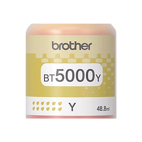 Gelbe Brother BT5000Y Tintentankflasche mit 48,8 ml Füllmenge vor neutralem Hintergrund.