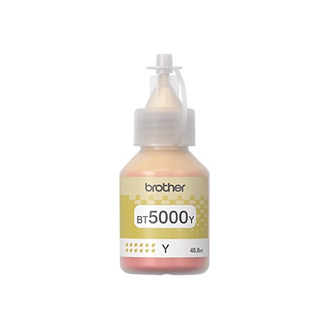 Gelbe Brother BT5000Y Tinte in einer Kunststoffflasche mit transparentem Verschluss vor weißem Hintergrund.