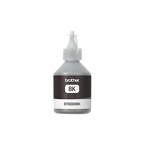 Schwarze Tinte Flasche Brother BT6000BK mit Verschluss vor weißem Hintergrund.