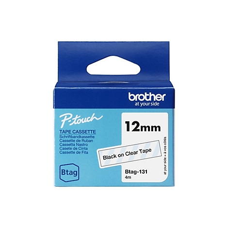 Blau-weiße Brother P-touch Schriftbandkassette, Aufschrift "12mm Black on Clear Tape".