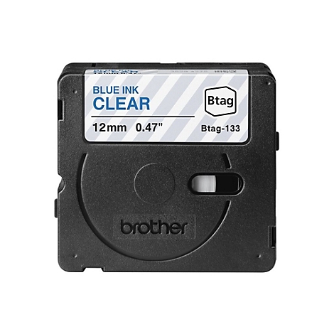 Schwarze Beschriftungskassette mit weißem Etikett, darauf steht "BLUE INK CLEAR 12mm 0.47".