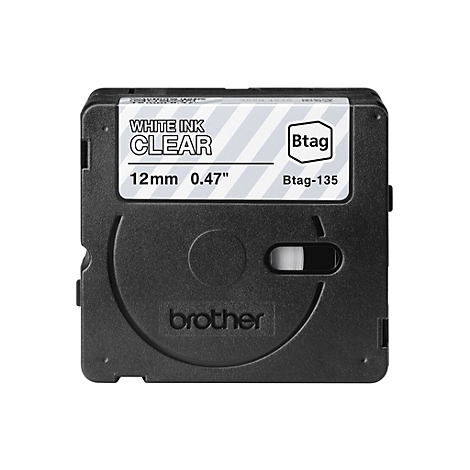 Schwarze Beschriftungskassette mit weißem Etikett, darauf steht "White Ink Clear 12mm 0.47".