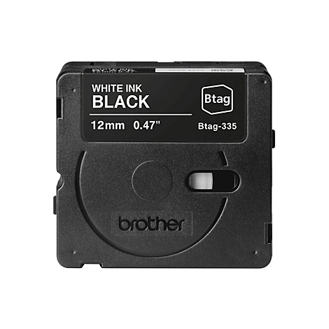 Schwarze Beschriftungskassette mit weißer Schrift, "White Ink Black 12mm 0.47", Marke Btag, Modell Btag-335.