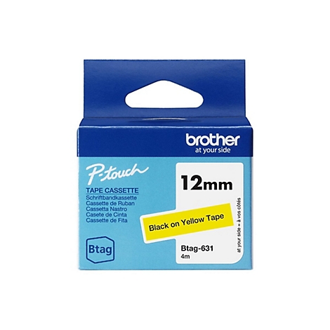 Blau-weiße Brother P-Touch-Beschriftungskassette, "Black on Yellow Tape". Schriftzug: 12mm, Btag-631, 4m.