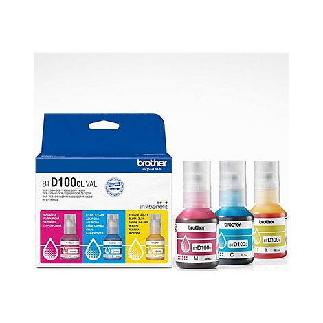 Brother BTD100CL Nachfülltinte Set mit Magenta, Cyan und Gelb Flaschen vor der Produktverpackung.
