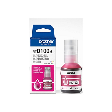 Brother BTD100M Magentafarbene Tintenflasche neben ihrer Verpackung auf weißem Hintergrund.