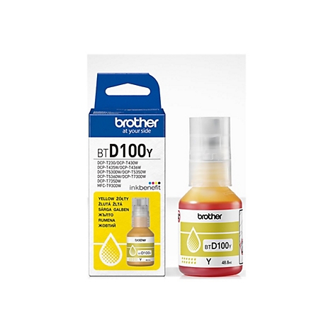 Gelbe Brother BTD100Y Nachfülltinte in Flasche mit dazugehöriger Produktverpackung auf weißem Hintergrund.