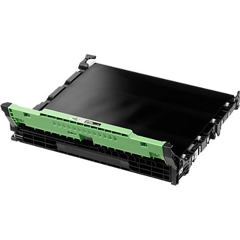 Zwarte tonercartridge voor een printer, met groen en zwart plastic. De merknaam is zichtbaar op de cartridge.