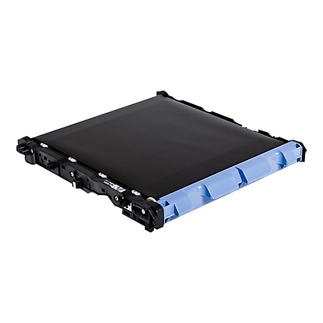 Ein Trommelkit für einen Drucker, hauptsächlich schwarz mit hellblauem Element, vor weißem Hintergrund.