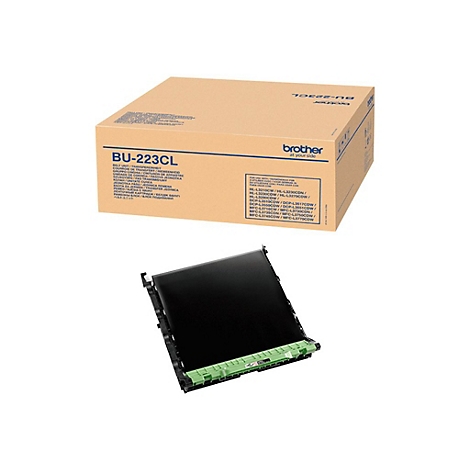 Ein Bild zeigt eine Drucker-Transfer-Einheit und eine Kartonverpackung mit Produktbezeichnung und Markennamen.