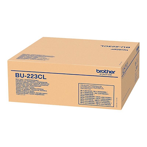 Braune Kartonverpackung mit der Aufschrift BU-223CL von Brother. Aufgedruckte Produktnamen und Kompatibilitäten in mehreren Sprachen.