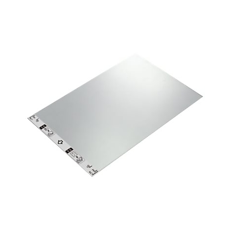 Rechteckige LED-Leuchte, die schräg von oben aufgenommen wurde. An der schmalen Seite befinden sich Aufdrucke und Symbole.