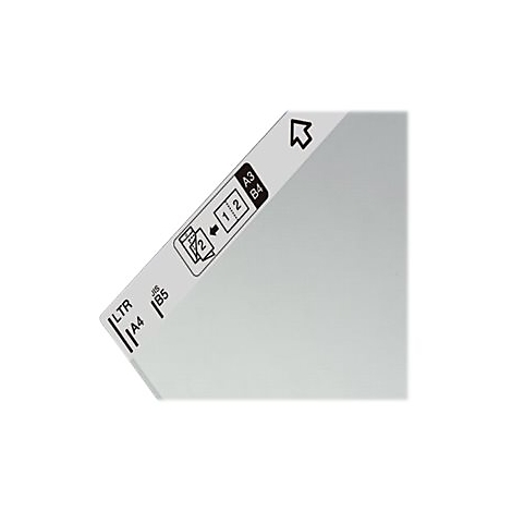 Detailaufnahme einer weißen Laminierfolie mit Piktogrammen und Schriftzügen wie A3, A4, LTR.