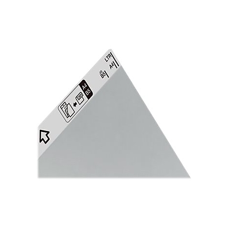Ein graues Papierdreieck, das an der Spitze mit weißen Papierformaten und Symbolen versehen ist.