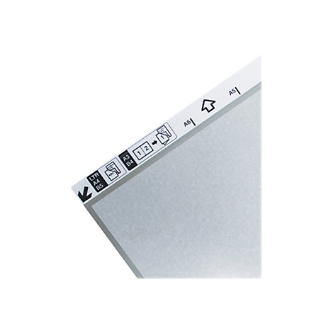 Detailaufnahme einer transparenten Dokumentenhülle mit Beschriftungen für Papierformate wie A4 und A5.