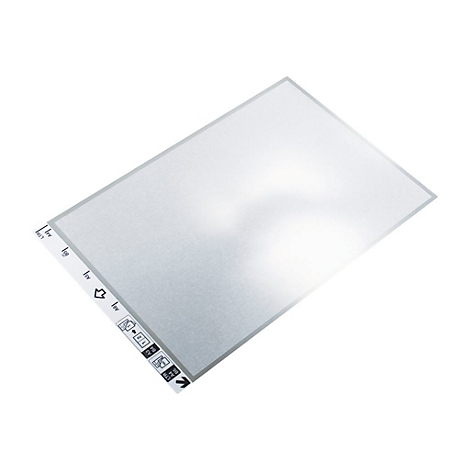 Rechteckige transparente Folie, grauer Rahmen, Details, Schriftzeichen.