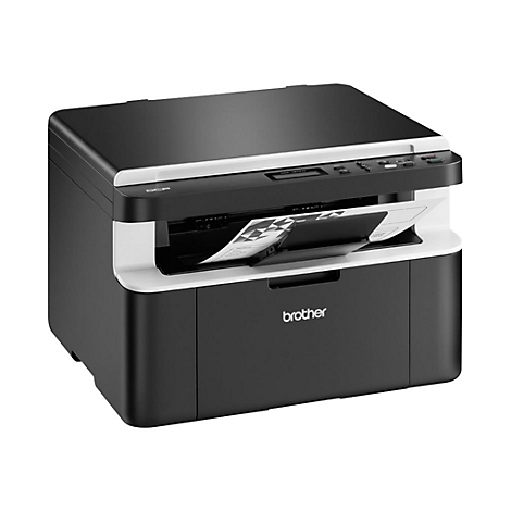 Schwarzer Brother-Laserdrucker mit Papierauswurf. Oberseite und Gehäuse sind schwarz, die Papierausgabe weiß. Brother-Logo unten.