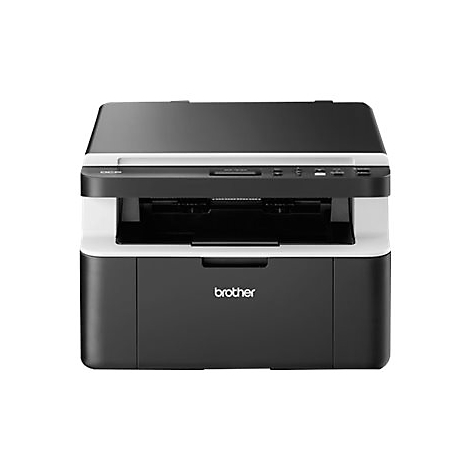 Schwarzer Drucker mit Brother-Logo. Das Gerät hat ein weißes Mittelteil und eine flache Oberseite. Der Drucker steht vor weißem Hintergrund.
