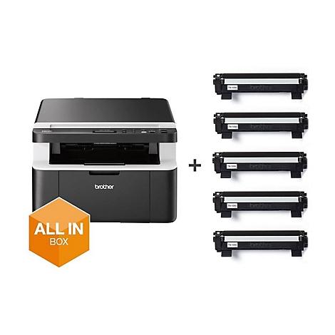 Schwarz-weißer Drucker und mehrere Toner-Kartuschen auf weißem Hintergrund. Das Bild zeigt 'ALL IN BOX'.
