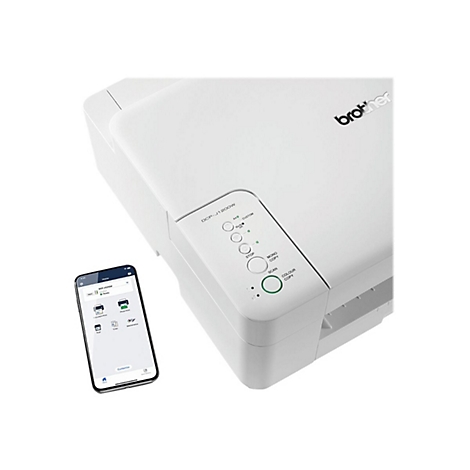 Imprimante blanche Brother DCP-J1200W avec panneau de commande et application smartphone.