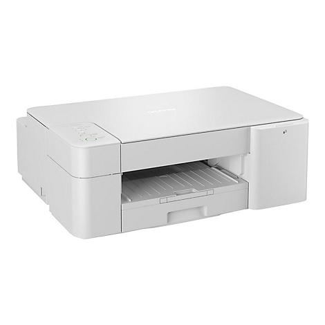 Weißer Drucker mit Brother-Logo. Papierauszug und Bedienfeld sind sichtbar.