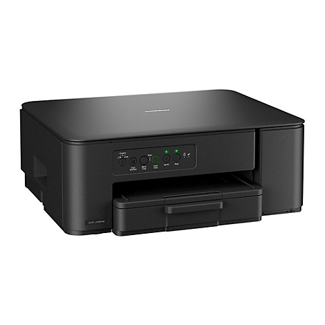 Schwarzer Drucker mit Bedienfeld und grün leuchtenden LEDs, Papierzufuhr vorne.