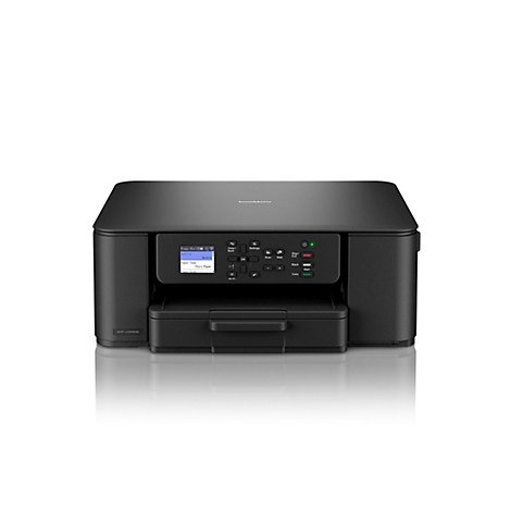 Schwarzer Brother Multifunktionsdrucker DCP-J1310DW vor weißem Hintergrund mit leuchtendem Display und Bedientasten.