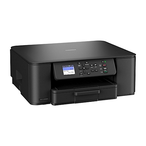 Schwarzer Drucker. Auf dem Display sind die Einstellungen sichtbar. Bedienfeld mit Tasten, Start- und Stopp-Tasten.