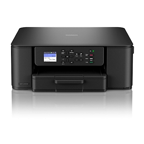 Schwarzer Drucker, Vorderansicht. Auf dem Display werden Einstellungen angezeigt, darunter Papierart. Es gibt Knöpfe für Scannen, Web, Start und Farbe.