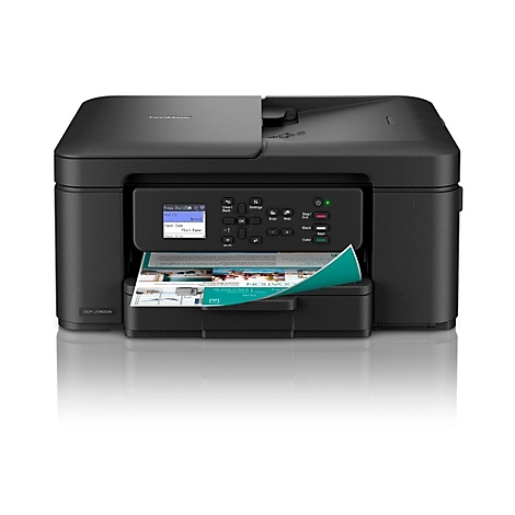 Schwarzer Brother DCP-J1360W Multifunktionsdrucker von vorne mit eingelegtem bedrucktem Dokument.