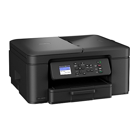 Schwarzer Brother Multifunktionsdrucker mit Bedienfeld und Display vor weißem Hintergrund.