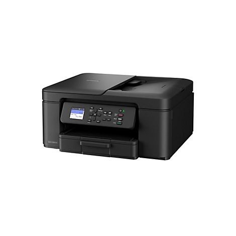 Schwarzer Brother Multifunktionsdrucker vor weißem Hintergrund mit LCD-Display und Bedientasten.