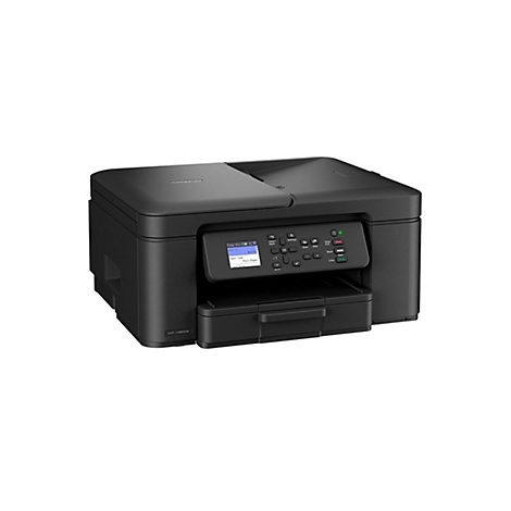 Schwarzer Brother Multifunktionsdrucker mit Bedienfeld und Display vor weißem Hintergrund.