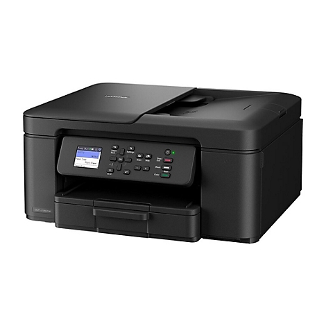 Schwarzer Drucker mit Bedienfeld und Display. Auf dem Display sind Einstellungen wie Papierart zu sehen.