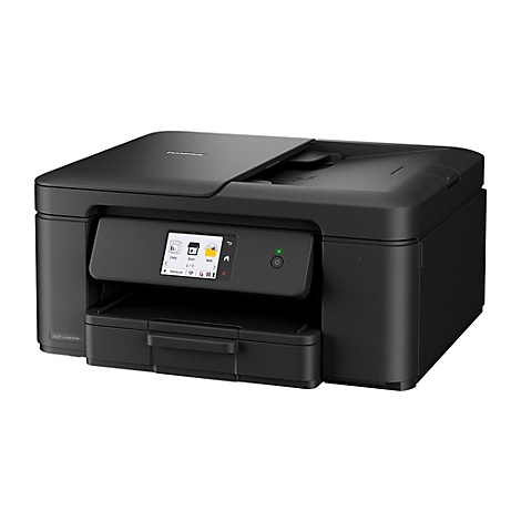 Schwarzer Drucker mit Touchscreen. Rechts Bedienknopf mit grünem Licht. Unten Papierfach. Aufdruck "DCP-J4600W".